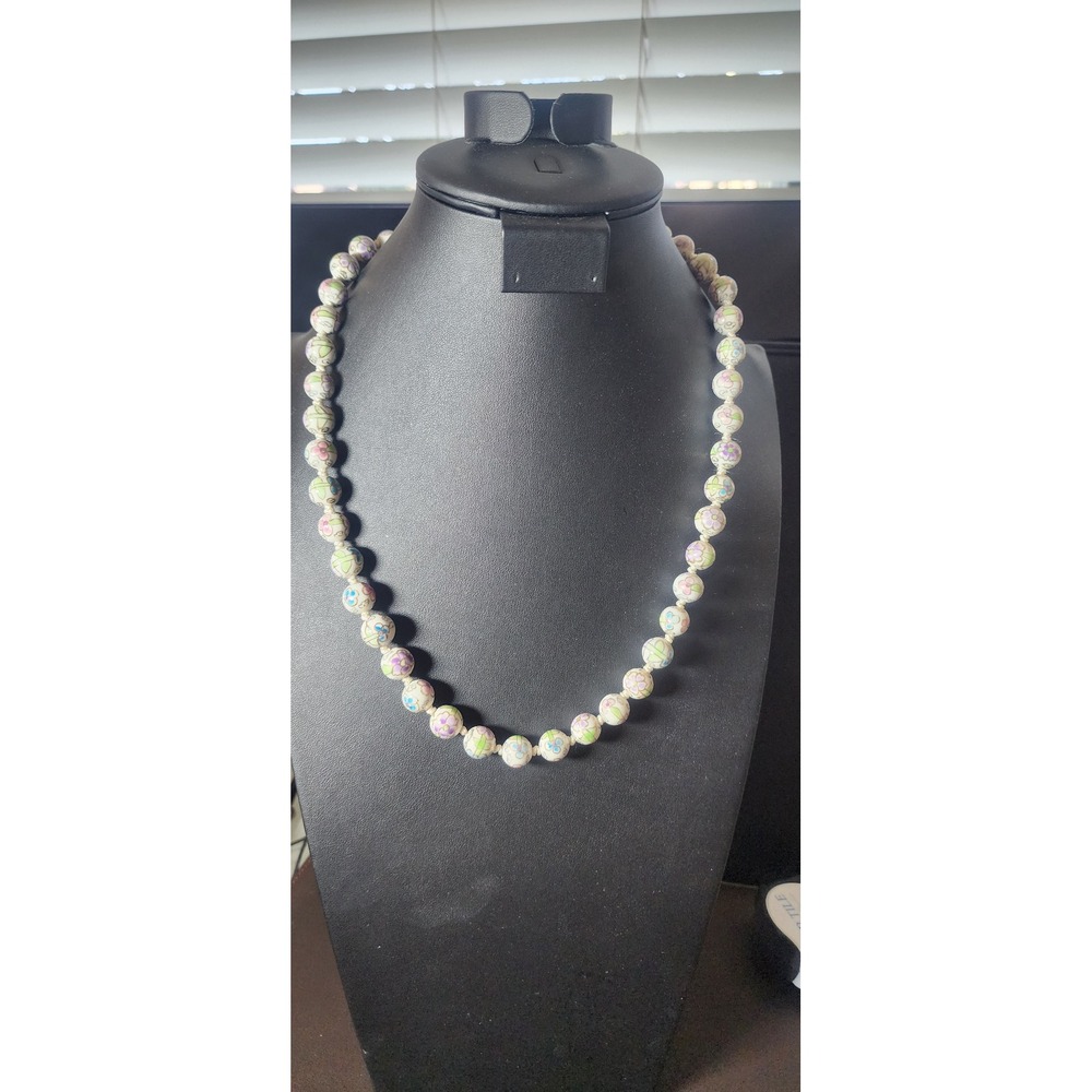 Vintage Hand Painted Floral Ceramic Bead Knotted Necklace Gold Tone Clasp White